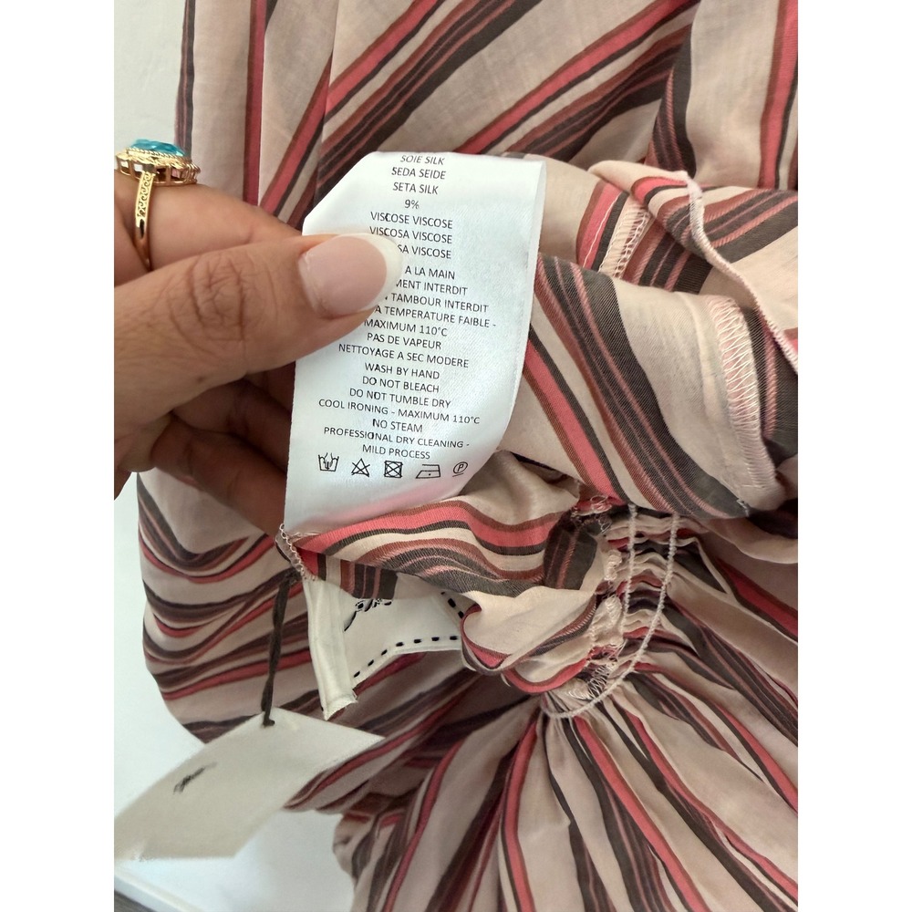 Longchamp Striped Silk Blend Smocked Waist Balloon Sleeve Mini Dress Pink Size 8 - Picture 6 of 10